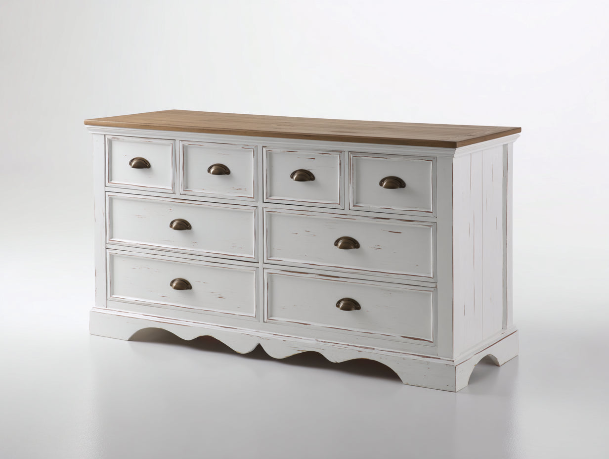 Cómodas madera maciza 140 x 45 x 85 cm - Blanco envejecido y roble natural - 8 cajones estilo rústico