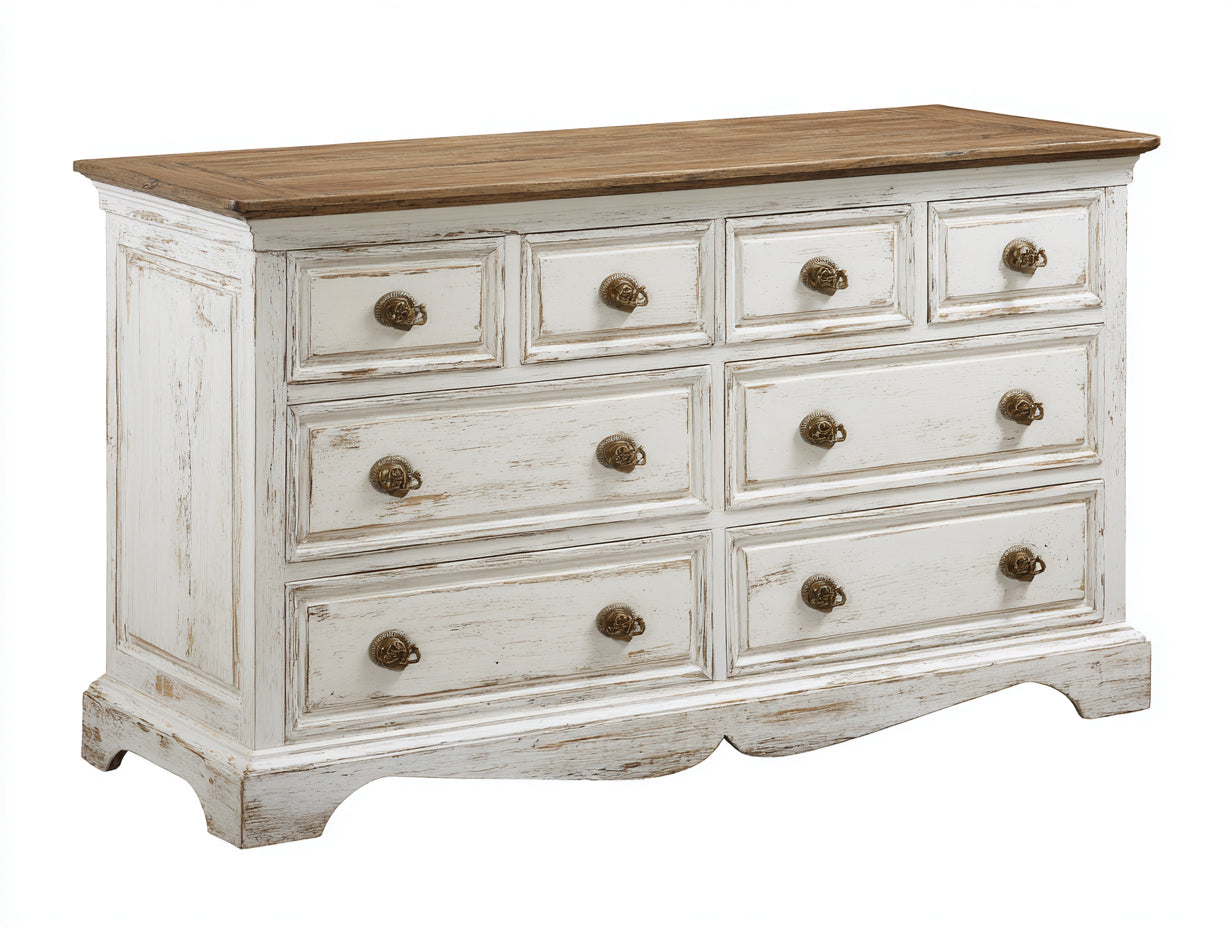 Cómodas de madera 135x48x92 cm blanco envejecido y marrón natural con 8 cajones estilo vintage para dormitorio