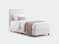 Camas individuales tapizadas en tela 210x105x125 cm beige con cabecero alto y tachuelas estilo elegante para dormitorio