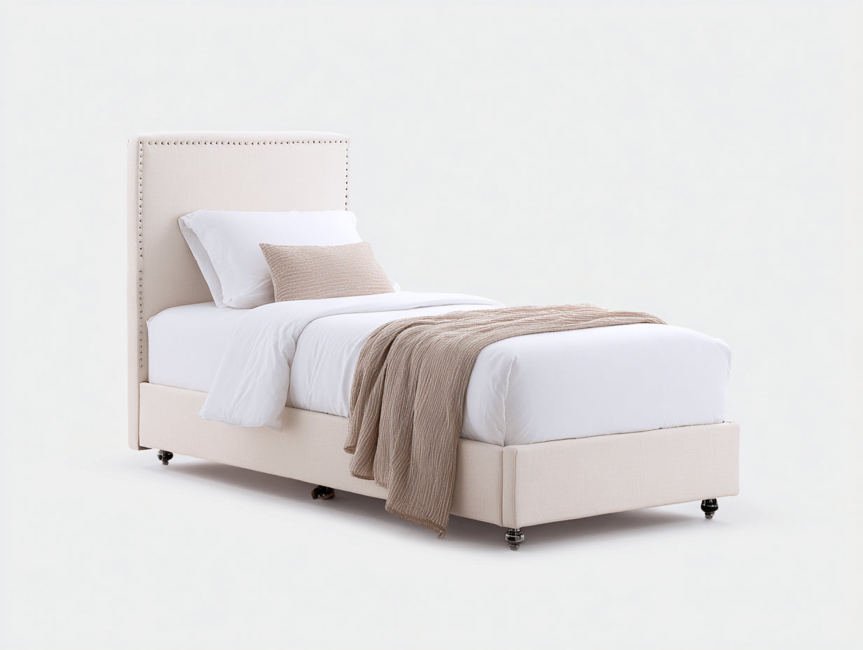 Camas individuales tapizadas en tela 210x105x125 cm beige con cabecero alto y tachuelas estilo elegante para dormitorio