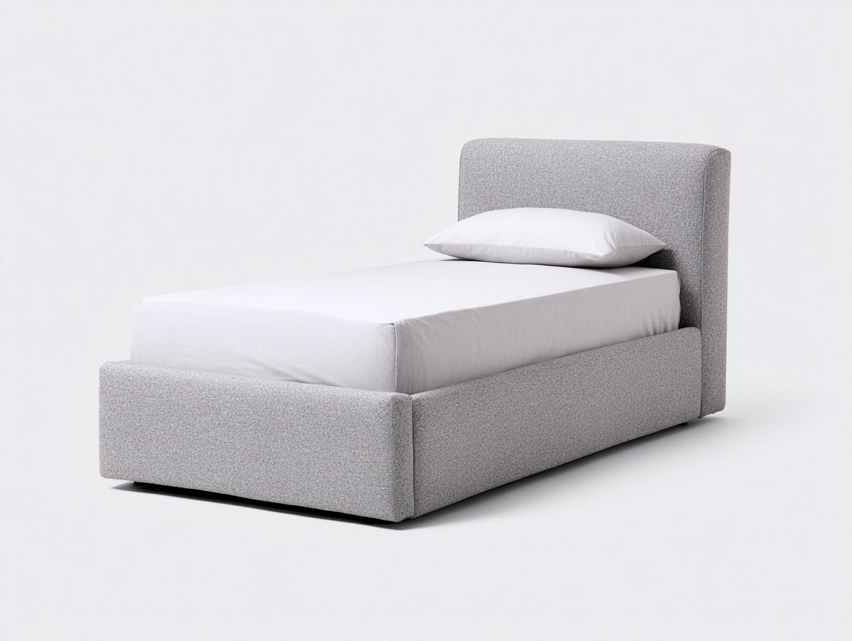 Camas individuales tapizadas en tejido texturizado 210x105x110 cm gris claro con cabecero acolchado estilo moderno para dormitorio