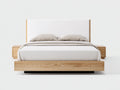 Camas dobles de madera 230x220x105 cm - roble claro y blanco - cabecero tapizado con mesitas integradas