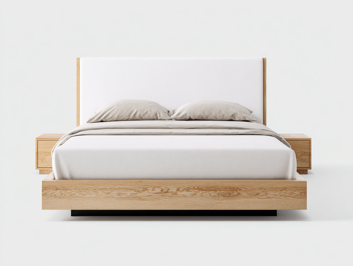 Camas dobles de madera 230x220x105 cm - roble claro y blanco - cabecero tapizado con mesitas integradas