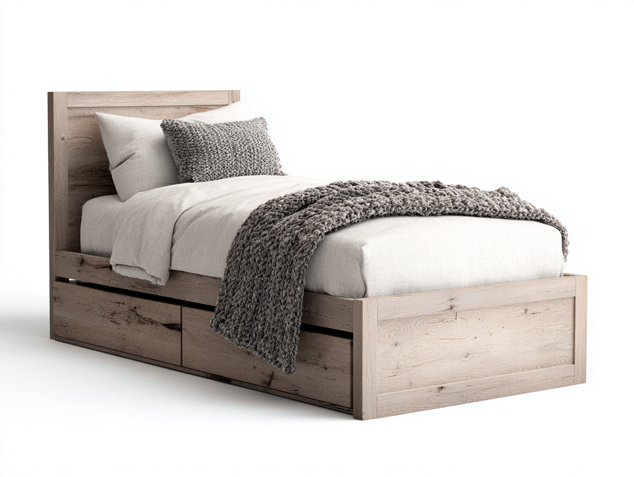Camas individuales de madera manufacturada 210x105x110 cm roble claro con 2 cajones estilo rústico para dormitorio