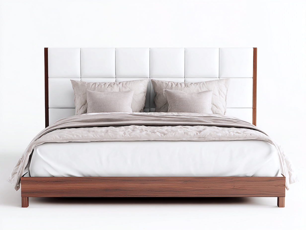 Camas dobles de madera con cabecero tapizado 218x192x118 cm - blanco y nogal - diseño moderno para dormitorio