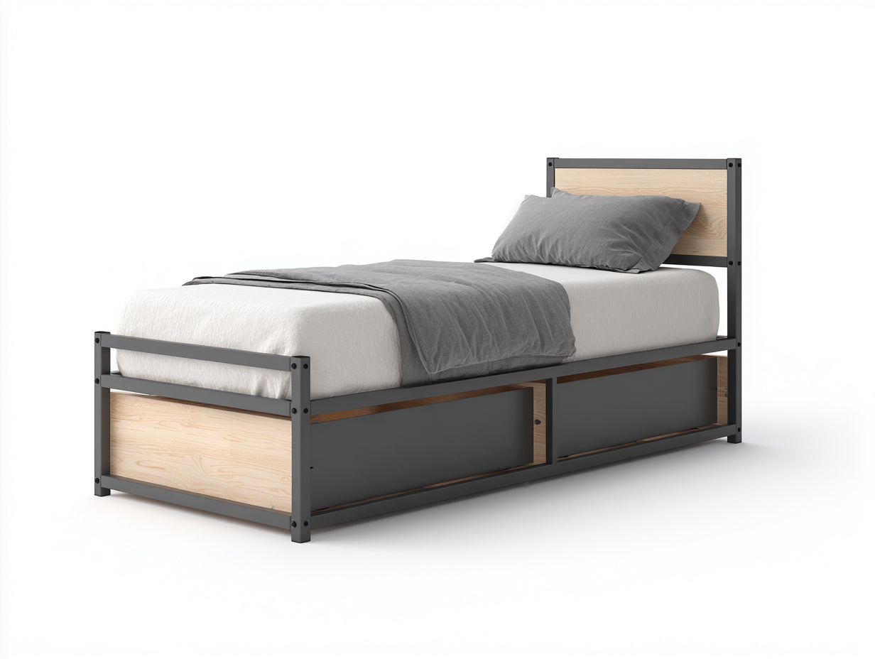 Camas individuales con estructura metálica 205x98x100 cm - gris oscuro y madera natural - con almacenaje inferior