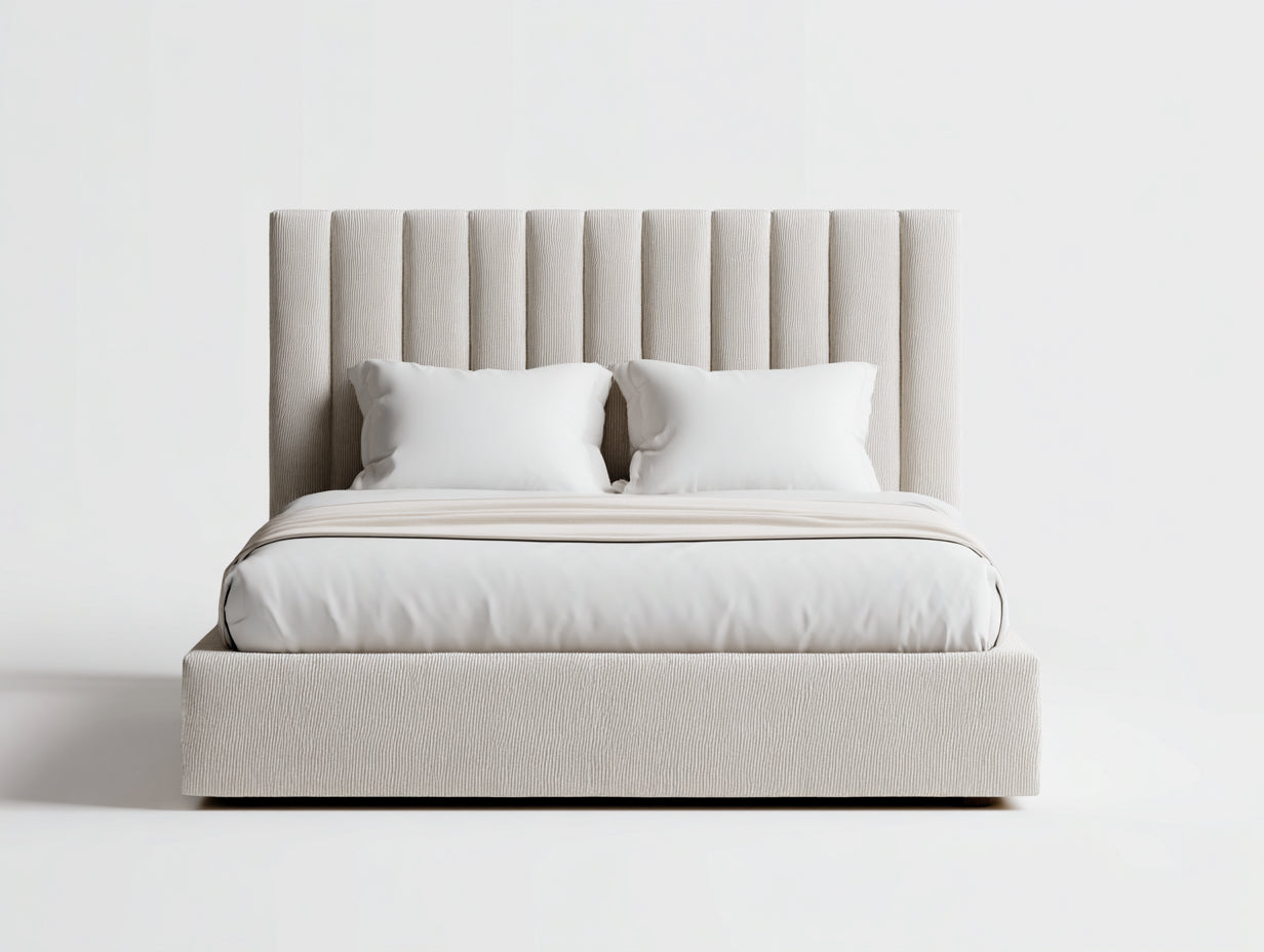 Camas dobles tapizadas en tejido acanalado 220x180x130 cm beige con cabecero alto estilo moderno para dormitorio