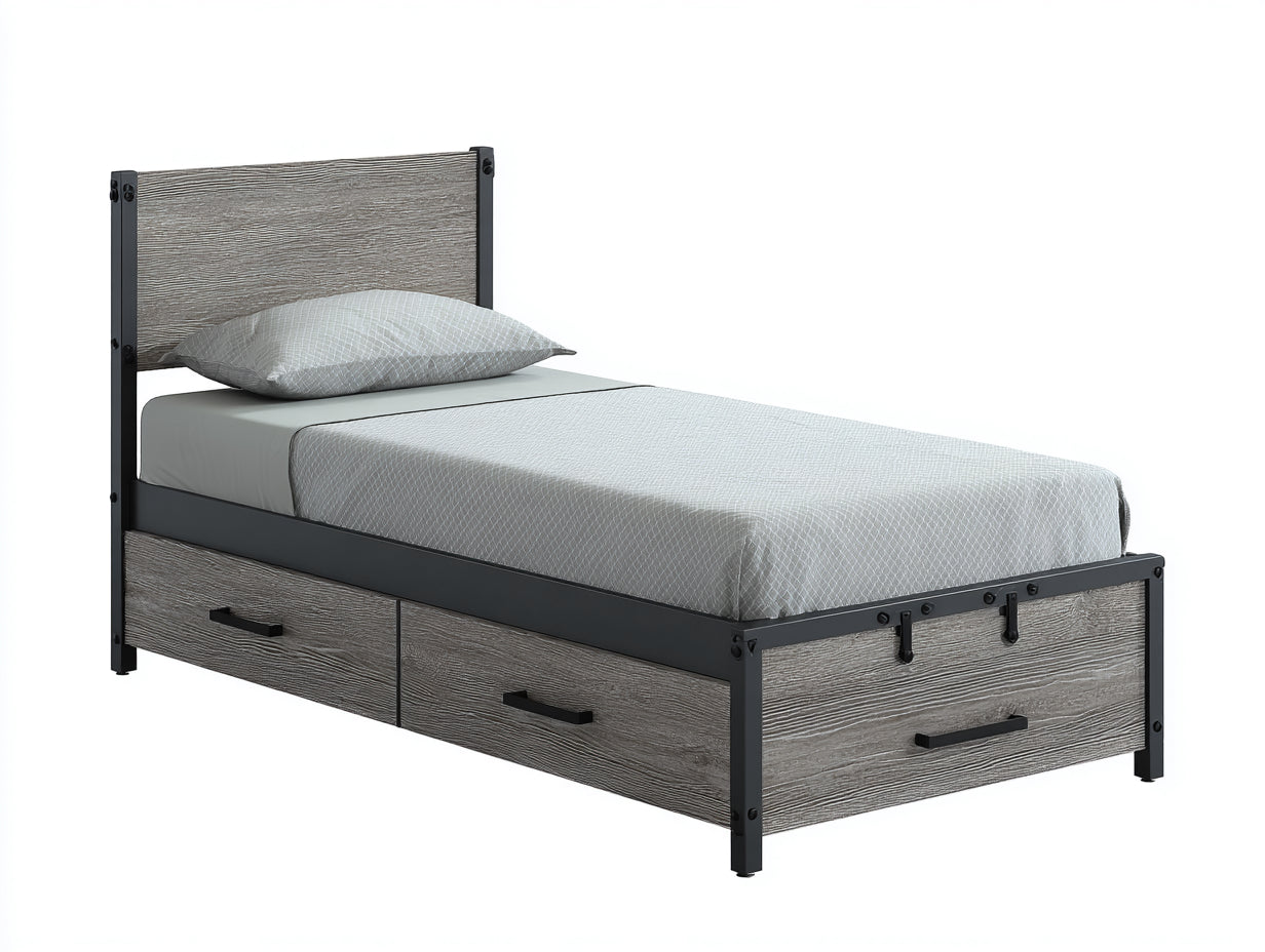Camas individuales de madera 205x98x100 cm - gris veteado y negro - con 3 cajones integrados