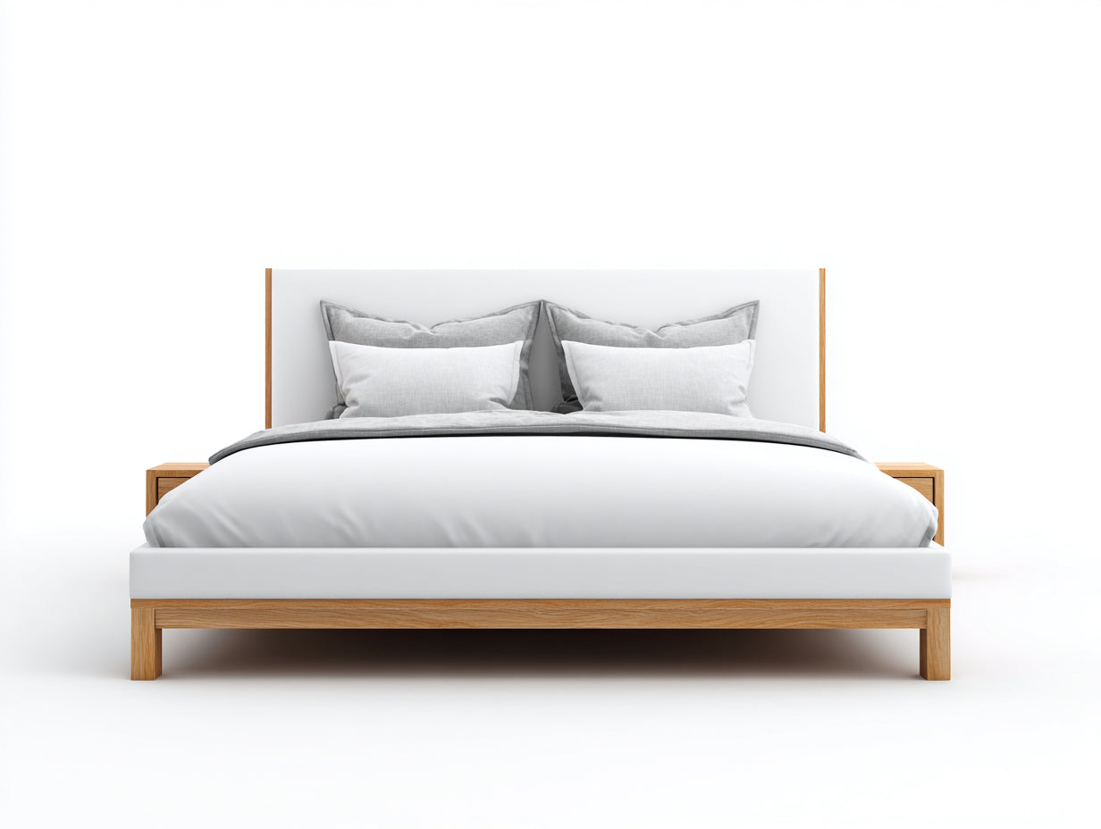 Camas dobles de madera y panel blanco 210x185x105 cm - blanco y madera natural - diseño nórdico para dormitorio