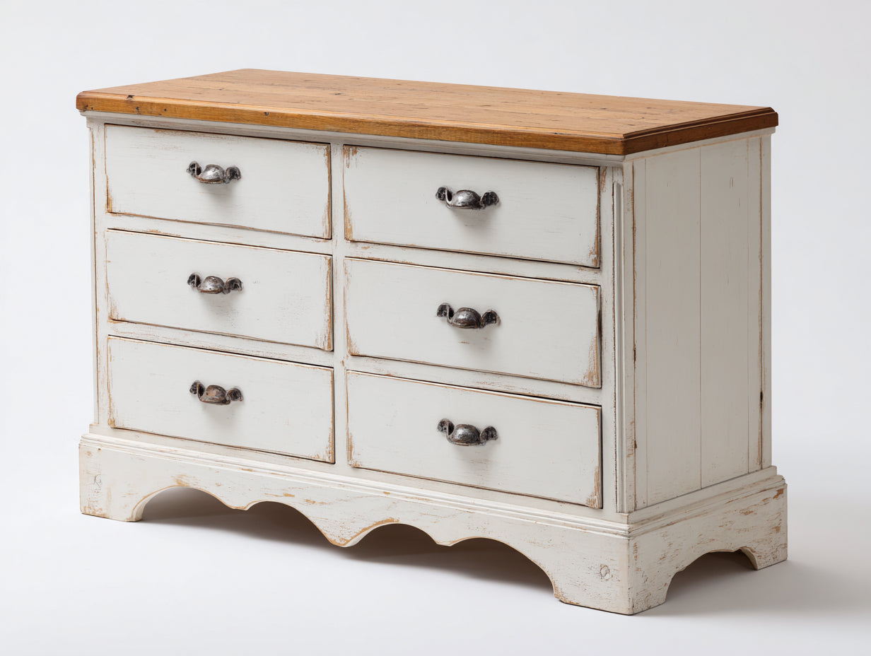 Cómodas de madera con 6 cajones 115x43x82 cm - blanco envejecido y madera natural - estilo rústico