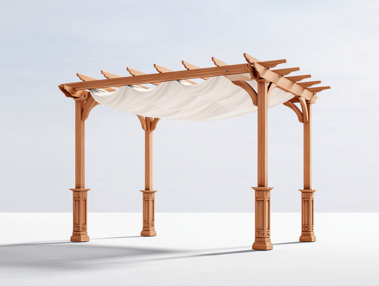 Pérgola de jardín de madera 400x300x270 cm marrón natural y blanco con cubierta textil estilo clásico para exterior