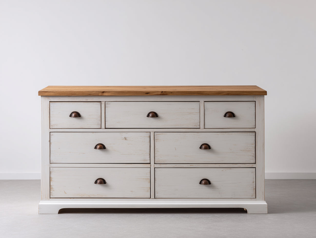 Cómodas de madera 140x45x90 cm blanco envejecido y marrón natural con 7 cajones estilo rústico para dormitorio