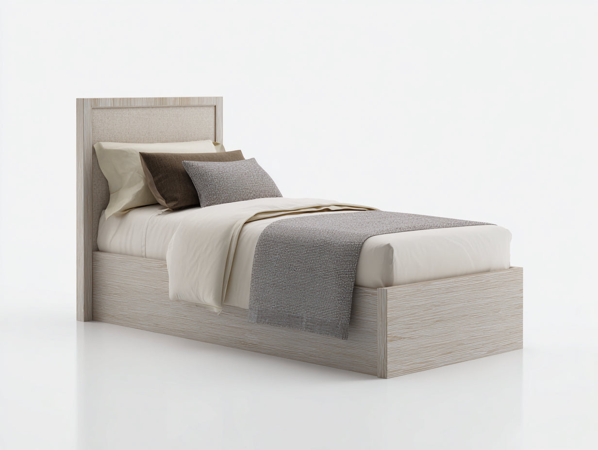 Camas individuales madera efecto roble 205 x 105 x 115 cm - Roble claro y beige - Cabecero tapizado moderno