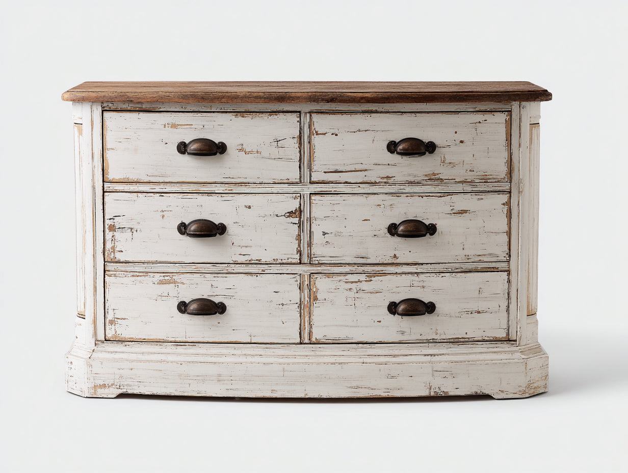 Cómodas de madera con 6 cajones 120x45x80 cm - blanco envejecido y madera natural - estilo rústico