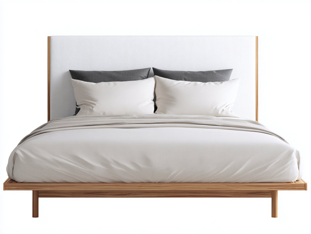 Camas dobles de madera maciza y cabecero tapizado 220x180x125 cm blanco y marrón natural estilo moderno para dormitorio