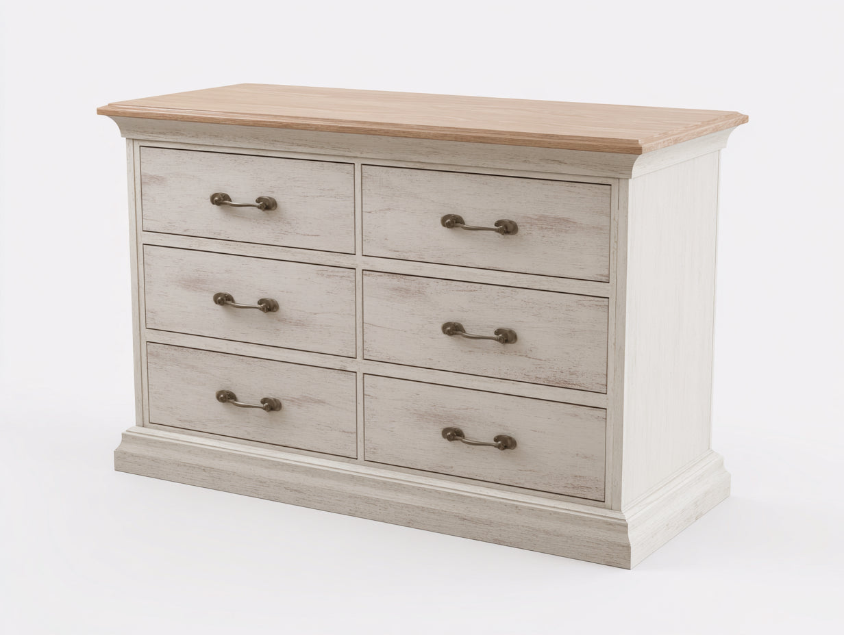 Cómodas de madera 120x45x85 cm blanco envejecido y roble claro con 6 cajones estilo rústico para dormitorio