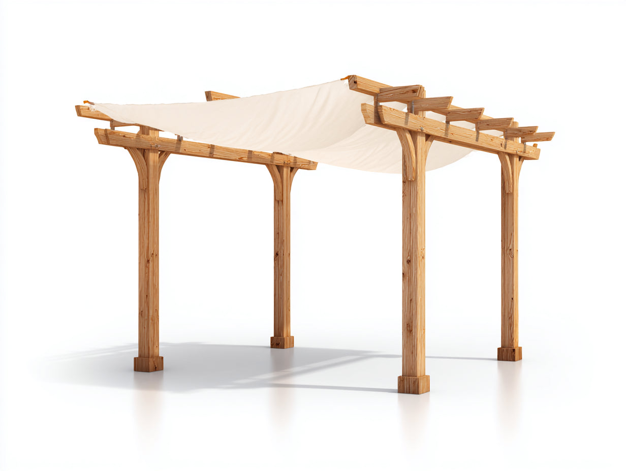 Pérgola de jardín de madera con cubierta textil 360x250x245 cm - madera natural y blanco - diseño abierto para exterior