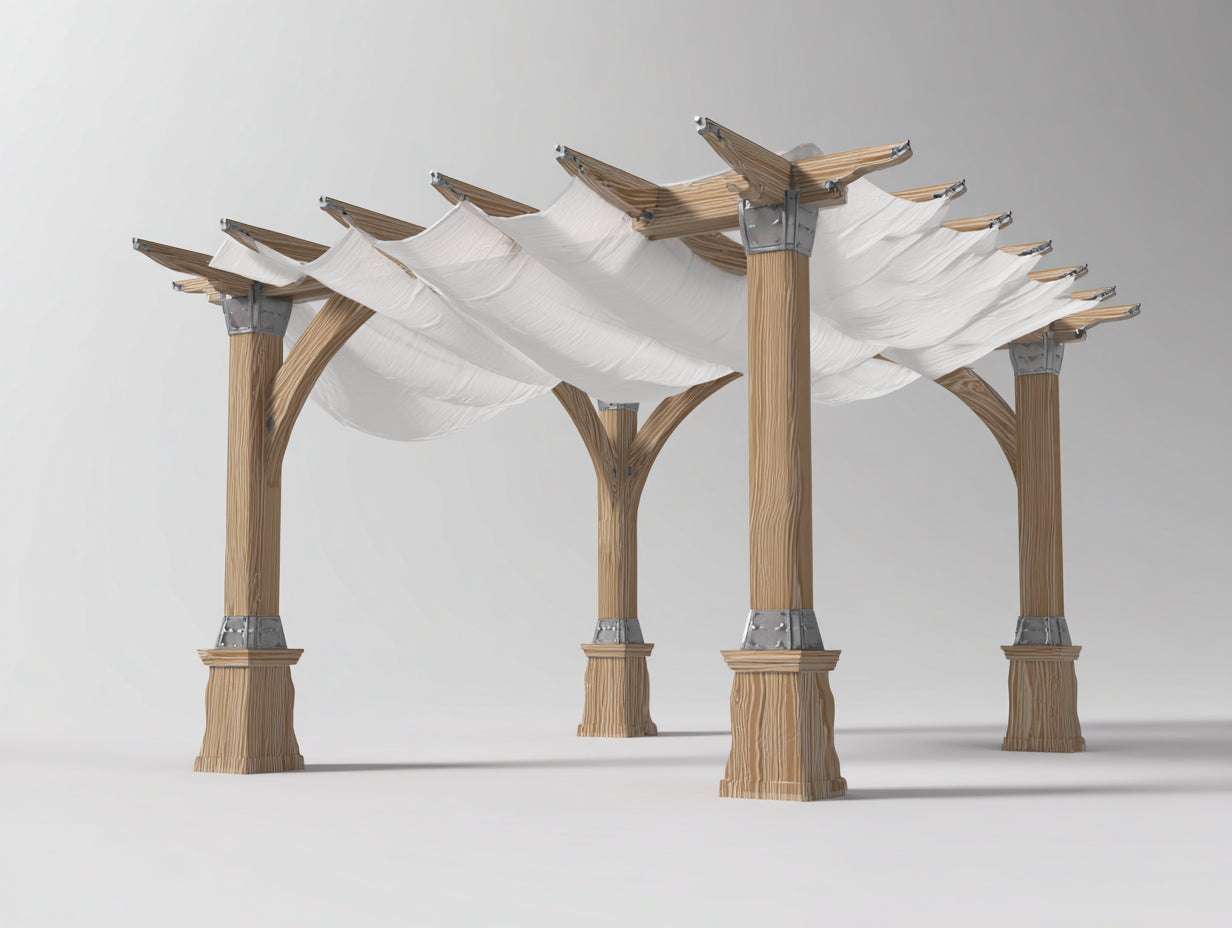 Pérgola de jardín de madera con cubierta textil 400x300x260 cm - madera natural blanco y gris metálico - diseño decorativo para exterior