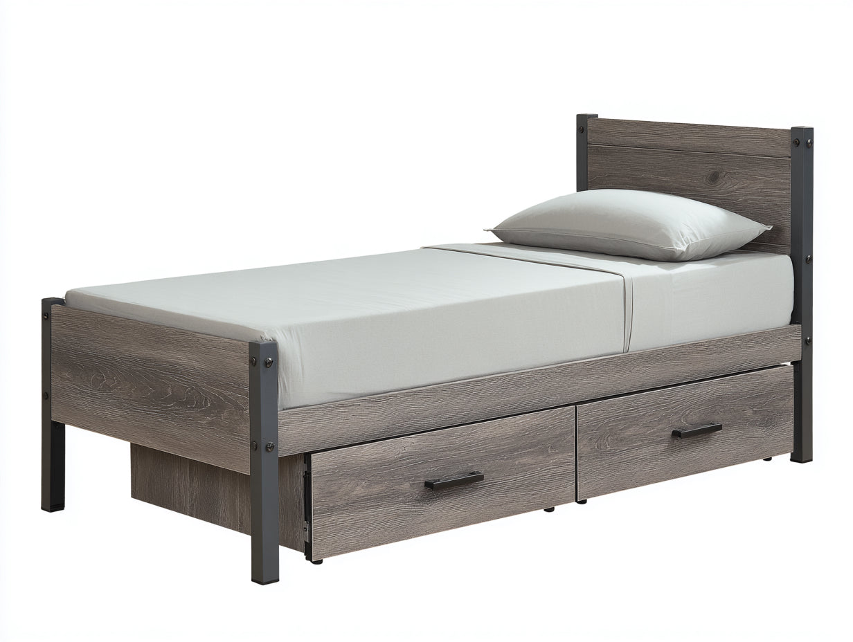 Camas individuales de madera y metal 205x100x96 cm - roble gris y negro - con 2 cajones inferiores