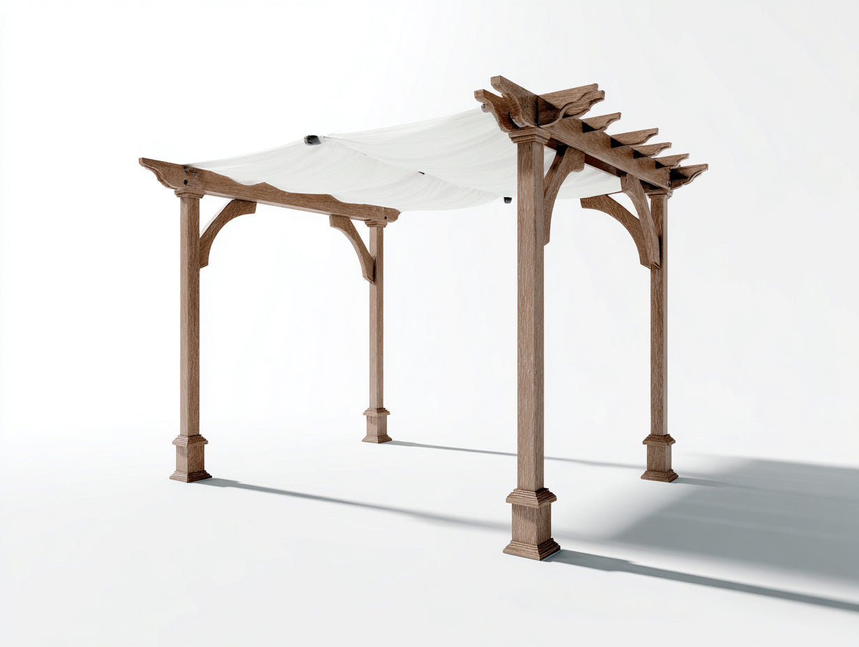 Pérgola de jardín de madera 300x300x260 cm - Marrón y blanco - Cubierta textil y diseño clásico