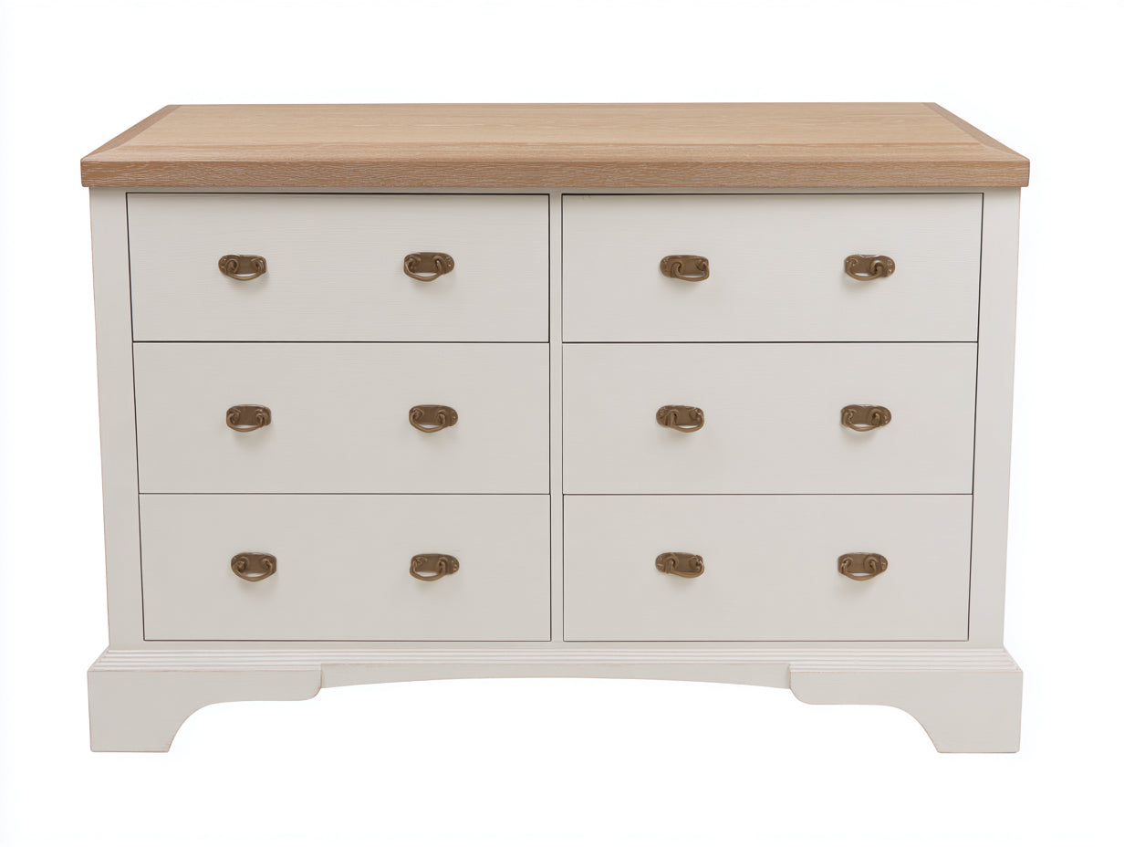 Cómodas madera 120 x 45 x 82 cm - Blanco crema y roble natural - 6 cajones estilo clásico